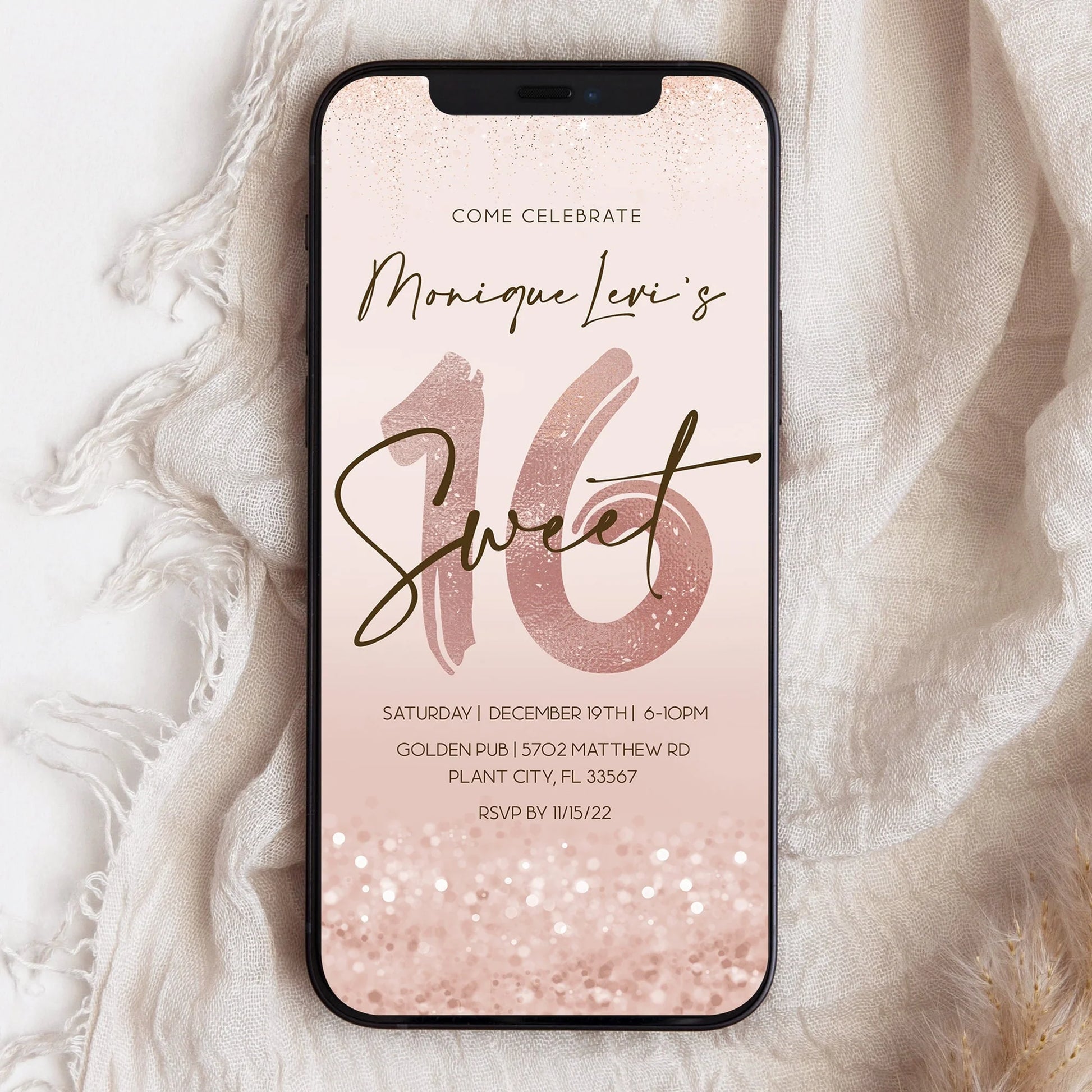 Digital Sweet Sixteen 16th birthday Text Invitation Template, Editable Phone Invitation, Rose Gold Foil Smartphone Invite, Electronic Evite