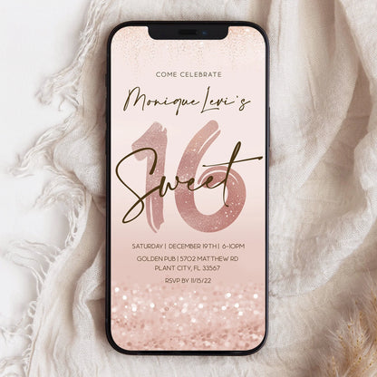 Digital Sweet Sixteen 16th birthday Text Invitation Template, Editable Phone Invitation, Rose Gold Foil Smartphone Invite, Electronic Evite