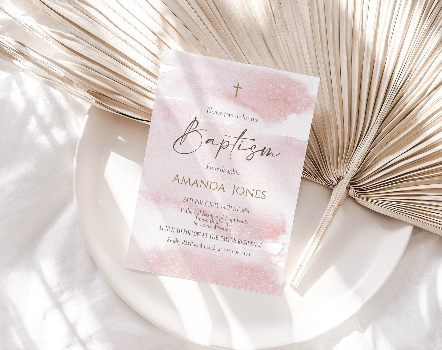 Baptism Invitation Girl, Christening Invitation Template, Pink Watercolor Gold Invite, Editable Printable Baby Girl Christening Card