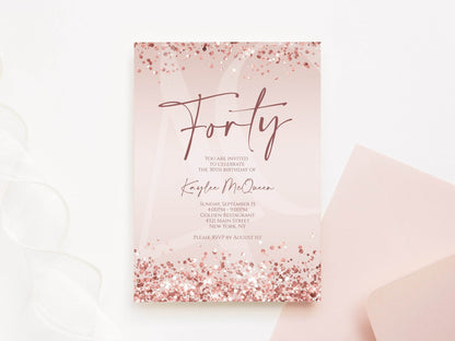 Rose Gold 40th Birthday Invitation Template, Editable Any Age Birthday Evite, Printable Pink Invite for Women, Text Message Download