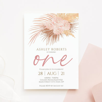 Printable Pampas Grass Boho First Birthday Invitation, Editable Watercolor Bohemian Baby One Desert Birthday Party Invite, Instant Download
