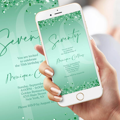 Digital Mint Green 70th Birthday Invitation Template, Editable Electronic Birthday Evite, Mint Foil Confetti Text Message Invite, Instant Download Smartphone Invitation