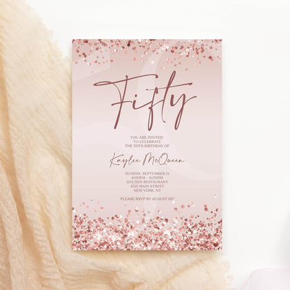 Rose Gold 50th Birthday Invitation Template | Printable Editable Pink Woman Birthday Invite | Text Message Evite | Digital Instant Download