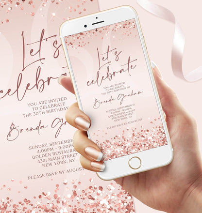 Let’s Celebrate Invitation Template, Digital Rose Gold Birthday Invite, Editable Pink Electronic Birthday Evite, Text Message Invitation, Instant Download