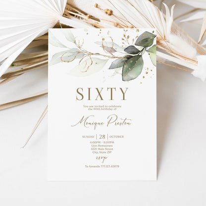 Editable Sixty 60th birthday Invitation Card Template, Printable Greenery Gold Leaves Birthday Invite, Digital Template, Email Text Message