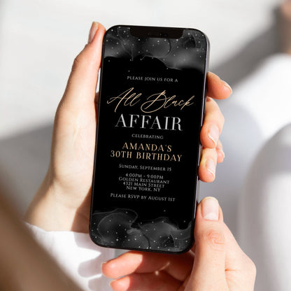 Digital All Black Affair Invitation, All Black Party Invite, Black and Gold, Electronic Formal Attire E-Invite, Editable Text Message Evite