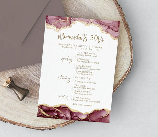 Printable Burgundy Gold Birthday Weekend Itinerary Template, Editable 30th Birthday Schedule, Weekend Planning Program, Instant Download