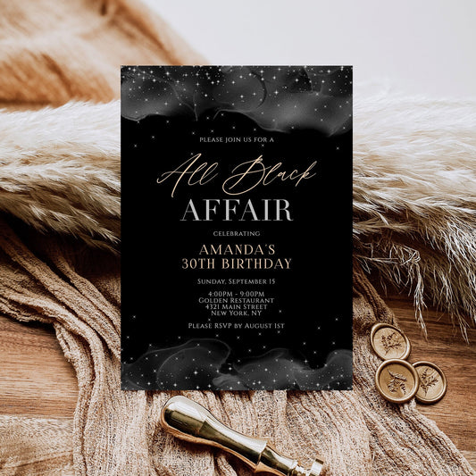 Printable All Black Affair Invitation – Black and Gold Marble Party Invite – Formal Attire Editable Digital Invitation – Email & Text Message Invite
