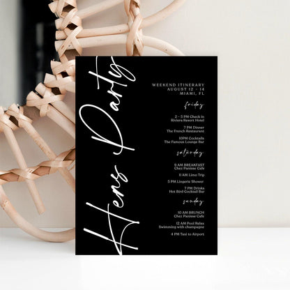 Printable Black Hens Party Weekend Itinerary Template – Editable Minimalist Bachelorette Weekend Schedule – Hen Party Events Itinerary – Instant Download