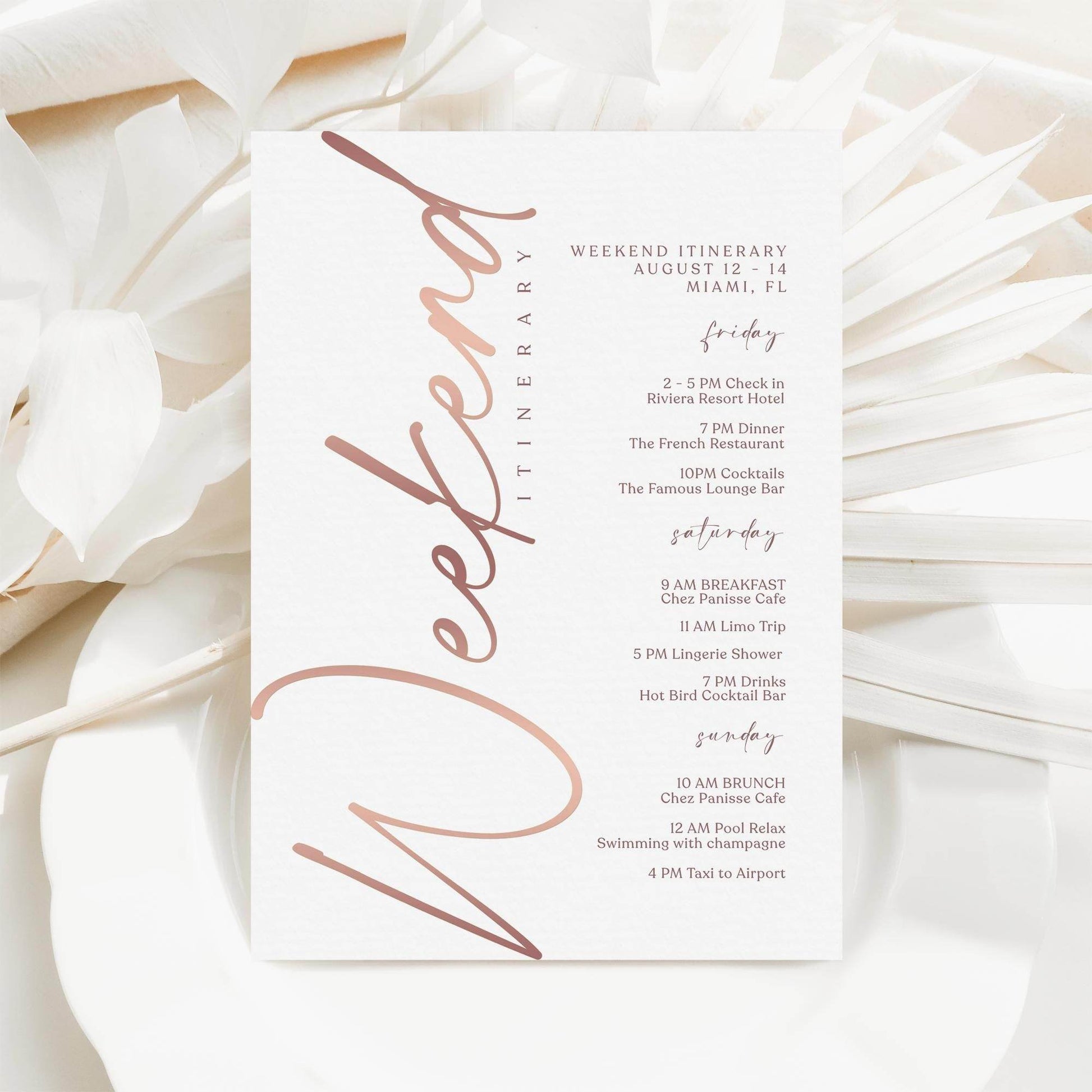 Editable Rose Gold Weekend Itinerary Template – Printable Birthday, Anniversary, or Hen Party Schedule | Digital Download | Email or Text Message Friendly