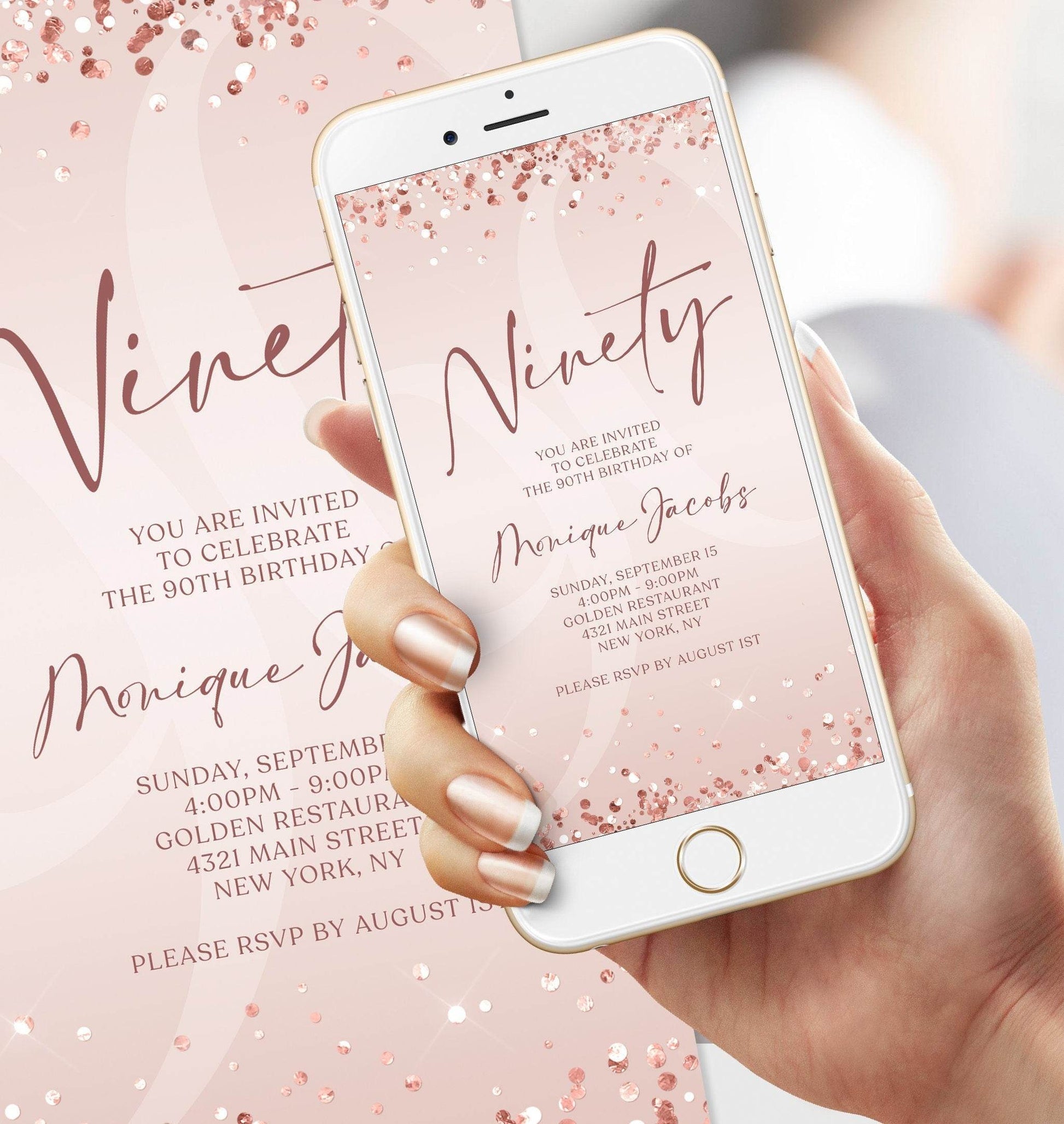 Rose Gold 90th Birthday Invitation Template, Digital Confetti Evite, Editable Text Message Invite, Electronic 90th Birthday Card