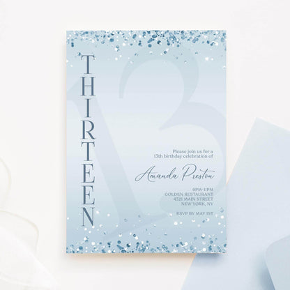 Editable Blue Confetti 13th Birthday Invitation – Boy Printable Invite | Surprise Party Template | Text or Email Digital Download