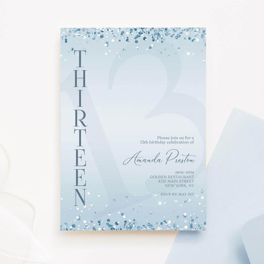 Editable Blue Confetti 13th Birthday Invitation – Boy Printable Invite | Surprise Party Template | Text or Email Digital Download