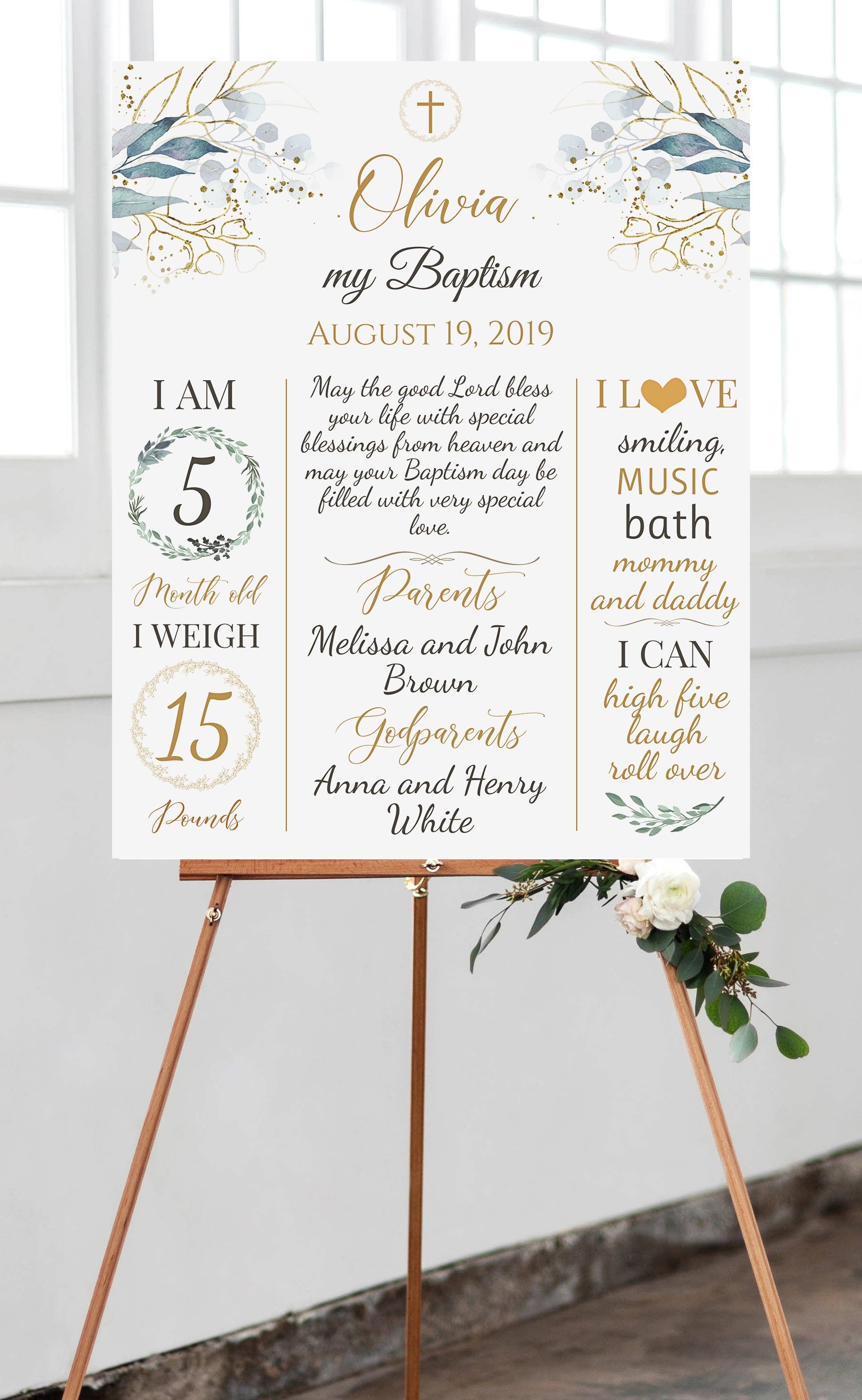 Greenery Baptism Milestone Sign | Printable Chalkboard | Gold Baptism Decorations