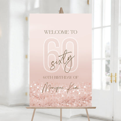 Printable 60th Sixty Birthday Party Welcome Sign, Editable Rose Gold Pink Confetti Luxury Birthday Welcome Board Template
