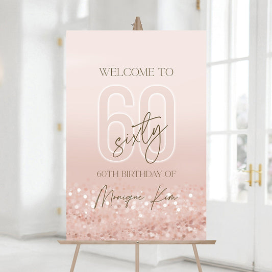 Printable 60th Sixty Birthday Party Welcome Sign, Editable Rose Gold Pink Confetti Luxury Birthday Welcome Board Template