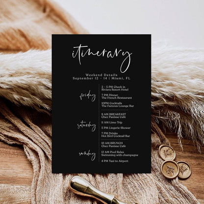 Printable Black Itinerary Template | Editable Minimalist Weekend Schedule | Bachelorette, Hens, Birthday Itinerary | Instant Download PDF