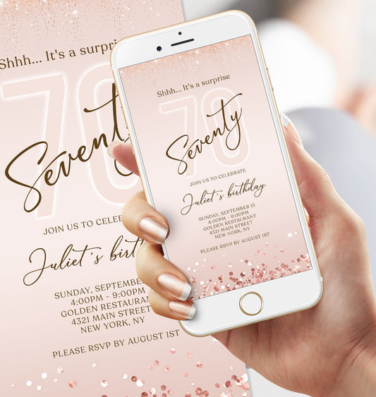Digital Shhh it's a surprise 70th Seventy text invitation template, Pink Electronic Editable invite, Text Message Evite, Phone Invitation