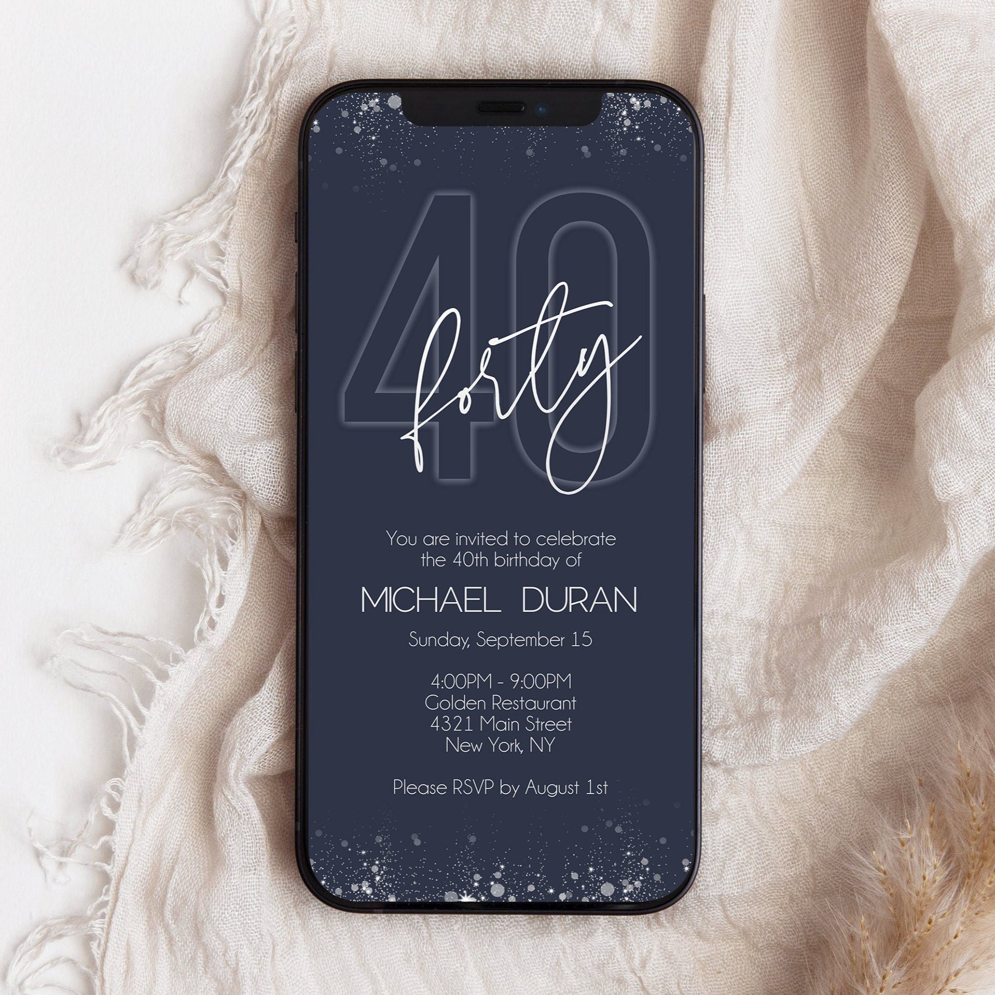 Electronic Navy Silver 40th Forty BIRTHDAY Invitation, Phone Email text message invite, Editable Template, Digital Mens Invite DIY Download