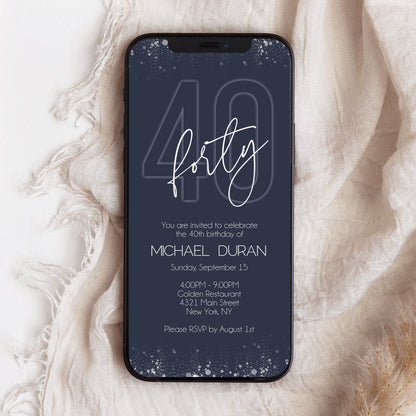 Electronic Navy Silver 40th Forty BIRTHDAY Invitation, Phone Email text message invite, Editable Template, Digital Mens Invite DIY Download