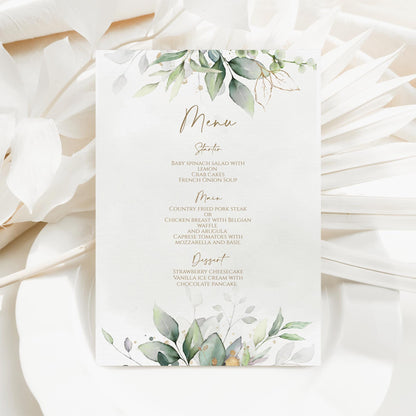 Greenery Watercolor Menu Card Template, Printable Wedding Menu, Birthday Menu Template, Bridal Shower Menu, Editable Dinner Menu, Digital
