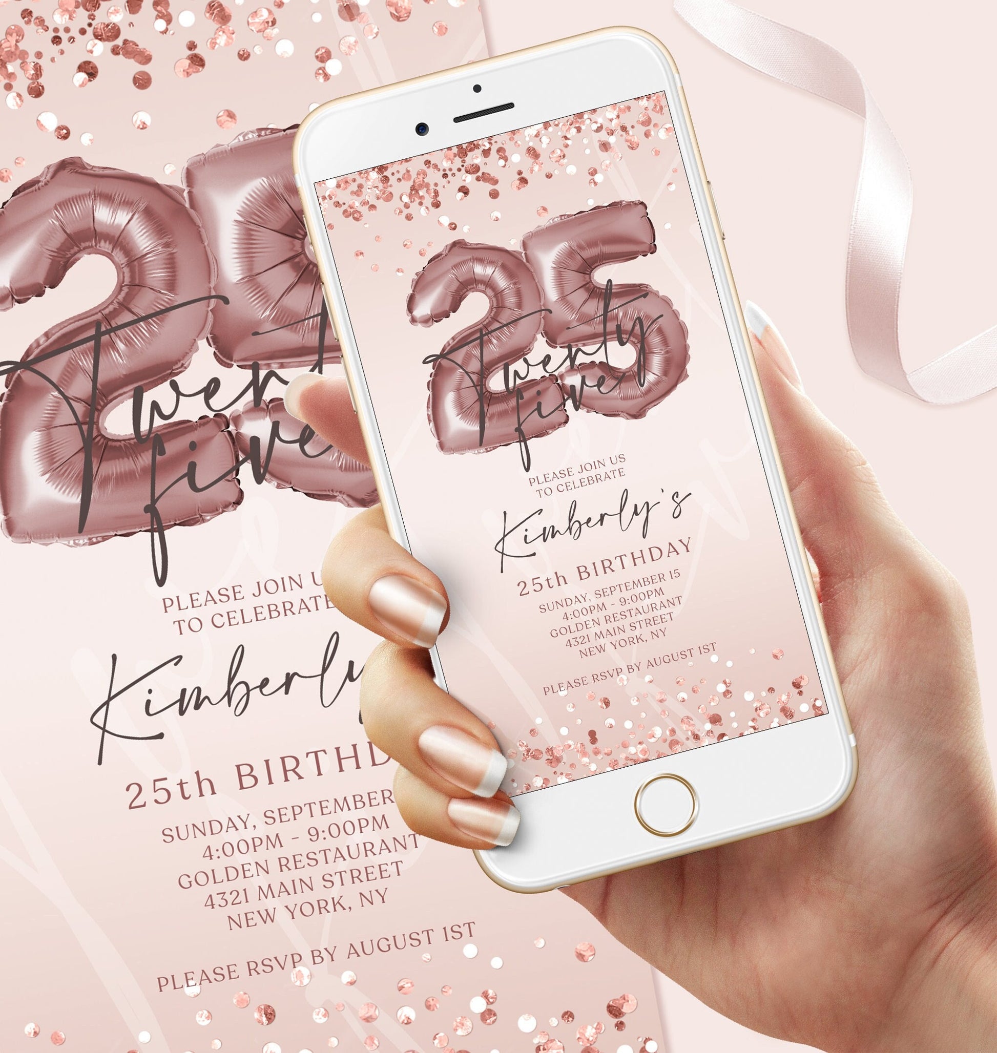 25th Twenty Five Birthday Electronic Invite, Editable Invitation, Text Message Evite, Mobile Invitation, DIY Phone Invite, Digital Template