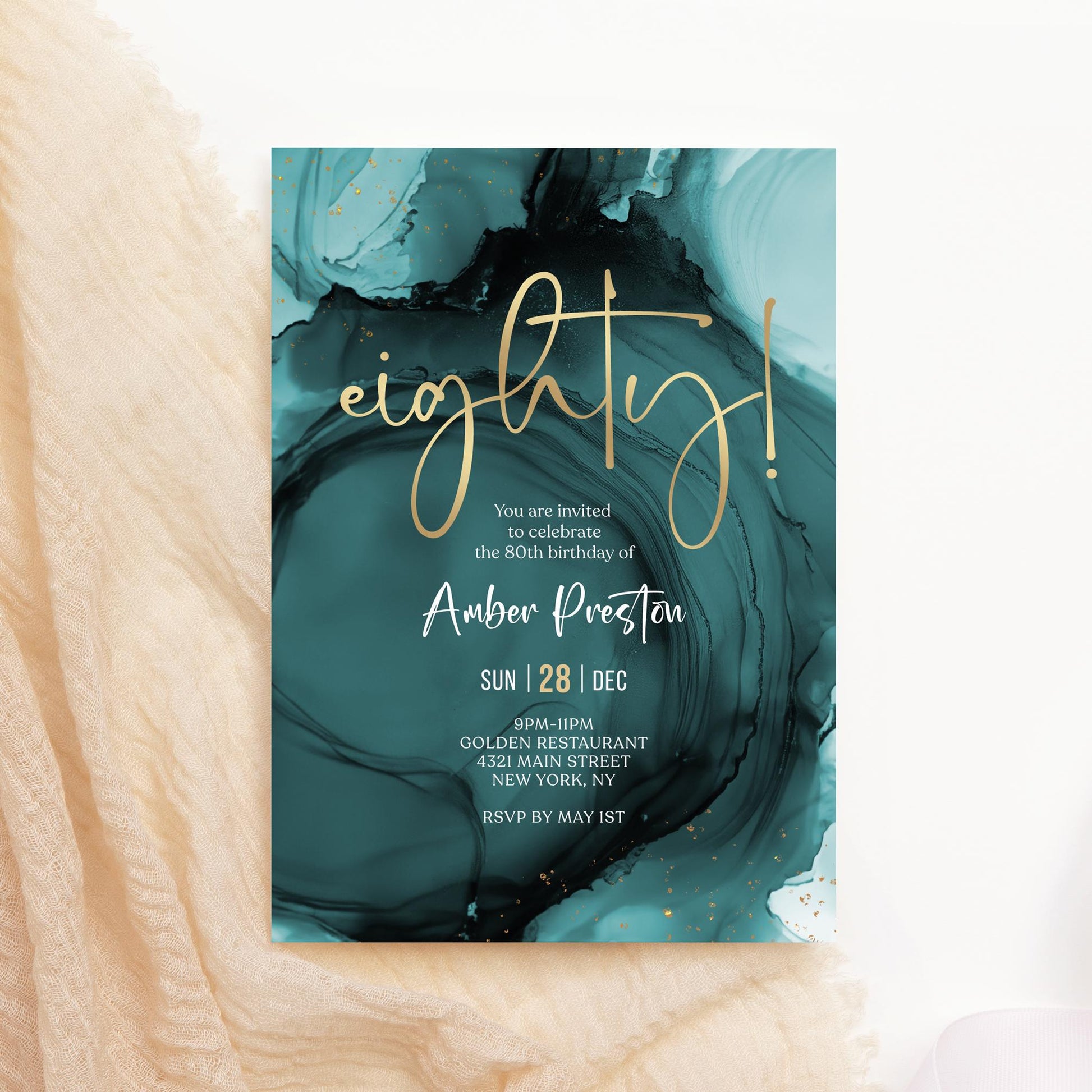 Blue Teal Gold 80th Eighty Birthday Invitation Template, Printable Editable Birthday Surprise Invite, Digital Download