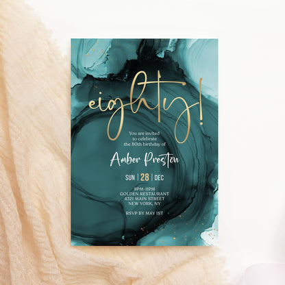 Blue Teal Gold 80th Eighty Birthday Invitation Template, Printable Editable Birthday Surprise Invite, Digital Download