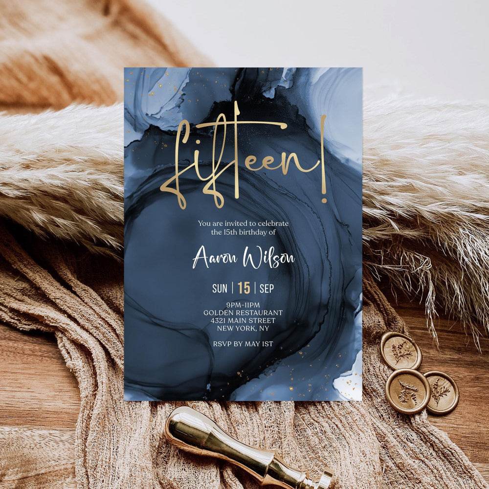 Blue Navy Gold 15th Birthday Invitation Template – Printable Boy Birthday Party Invite | Editable Surprise Party Evite | Email Text Message | Instant Download