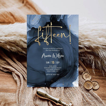 Blue Navy Gold 15th Birthday Invitation Template – Printable Boy Birthday Party Invite | Editable Surprise Party Evite | Email Text Message | Instant Download