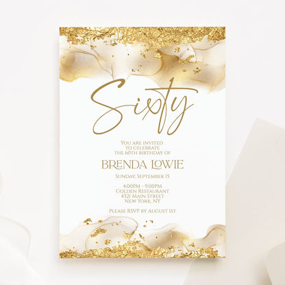 Printable 60th Sixty Invitation, Editable Gold Foil Glitter Birthday Invitation Template, DIY Invite, Text Digital Invite, Instant Download