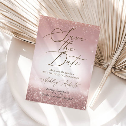 Rose Gold Glitter Birthday Invitation – Editable Save the Date Template – 5x7 Printable or Digital Text Invite – Instant Download DIY