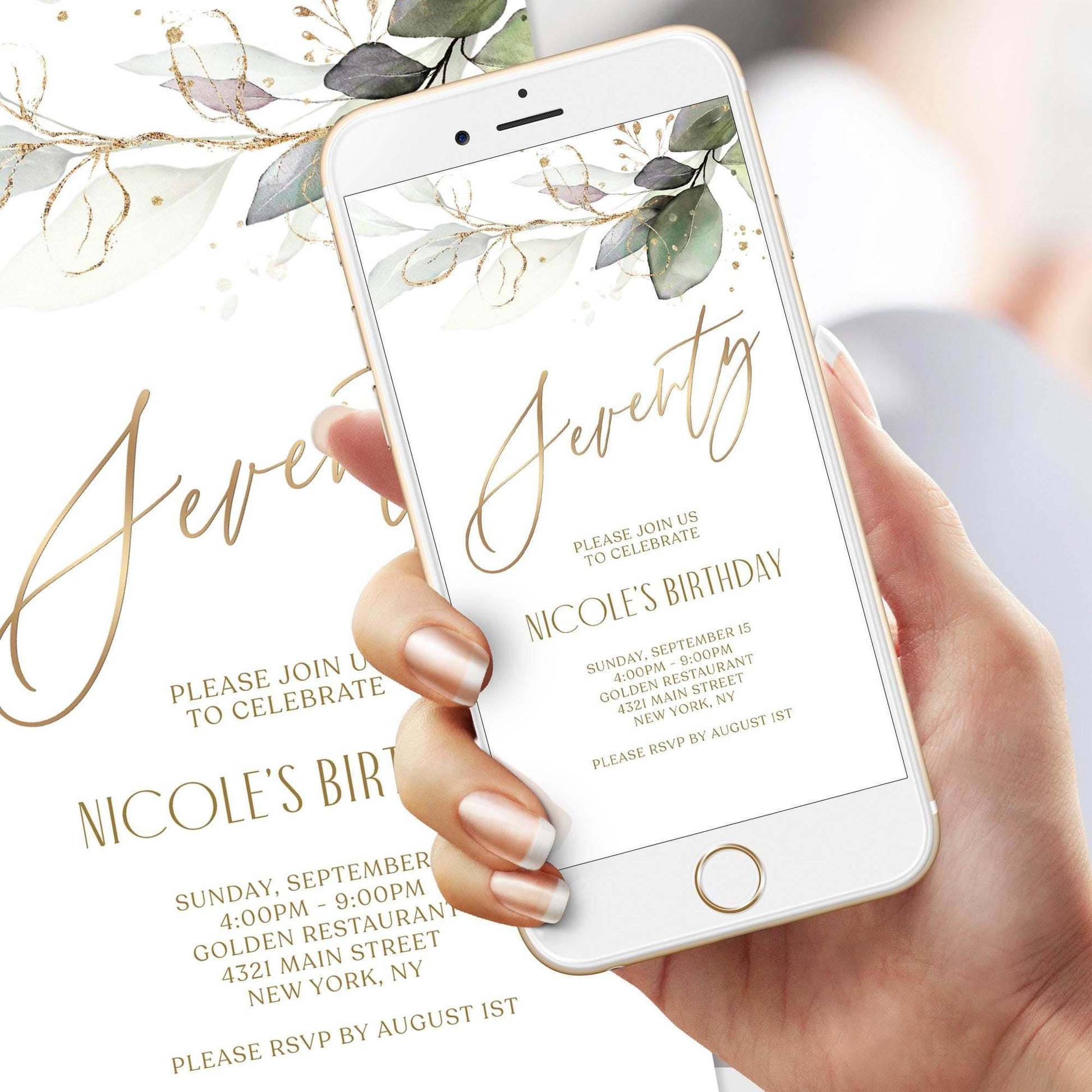 Digital Greenery Seventy 70th Birthday Invitation Template, Boho Phone Party Invite, Text Message Evite, Electronic Invite, Instant Download