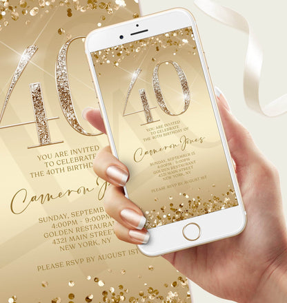 Electronic Gold 40th Birthday Invitation Template, Digital Forty Birthday Evite, Editable Mobile Invite, Text Message Birthday Download