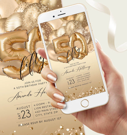 Digital 50th Birthday Invitation – Editable Gold Balloons Electronic Invite – Custom Text Message Evite – Mobile Birthday Template – Instant Download