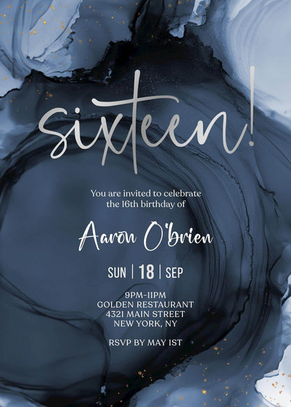 Blue Navy Silver 16th Sixteen Birthday Invitation Template, Printable Boy Birthday Party Invite, Editable Surprise Invite, Digital Download