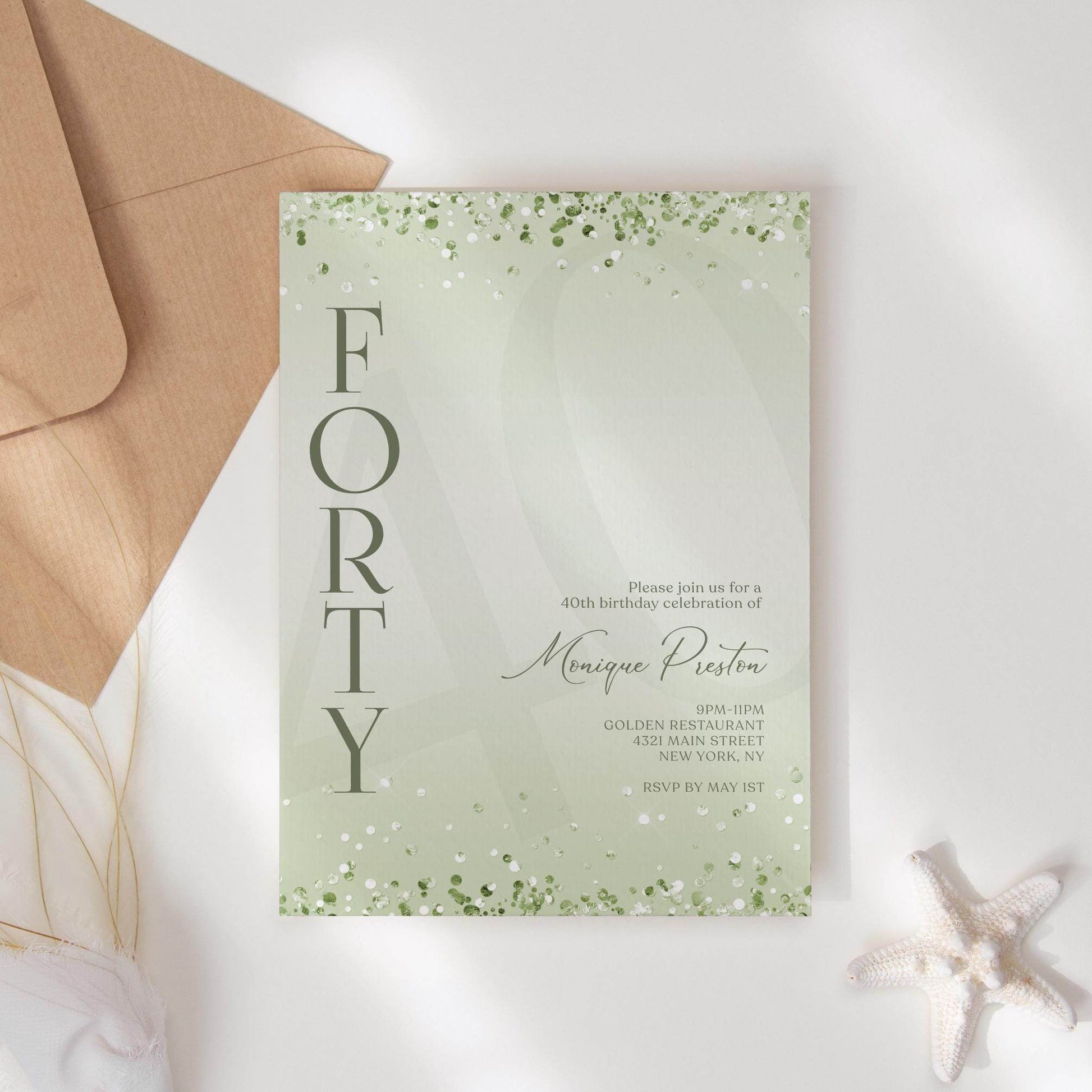 Editable Mint Green 40th Birthday Invitation Template – Printable Surprise Party Invite | Modern Digital Birthday Card | Email Text Message Evite