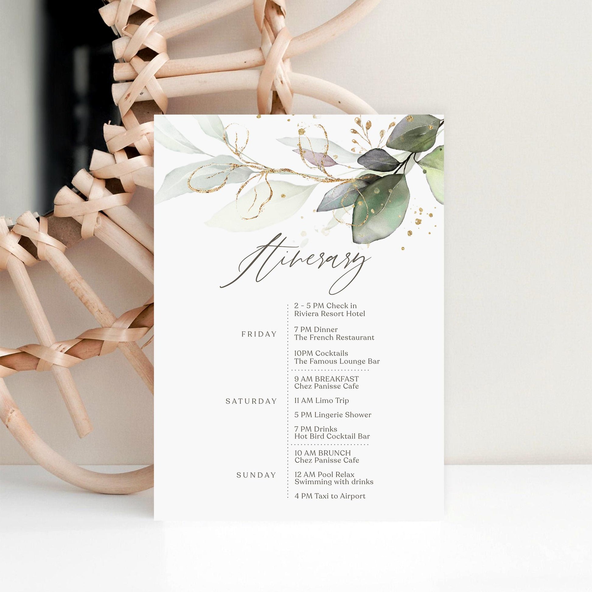 Editable Weekend Itinerary Card Template, Birthday Weekend, Printable Weekend Itinerary, Hens Weekend, Bachelorette, Greenery Eucalyptus