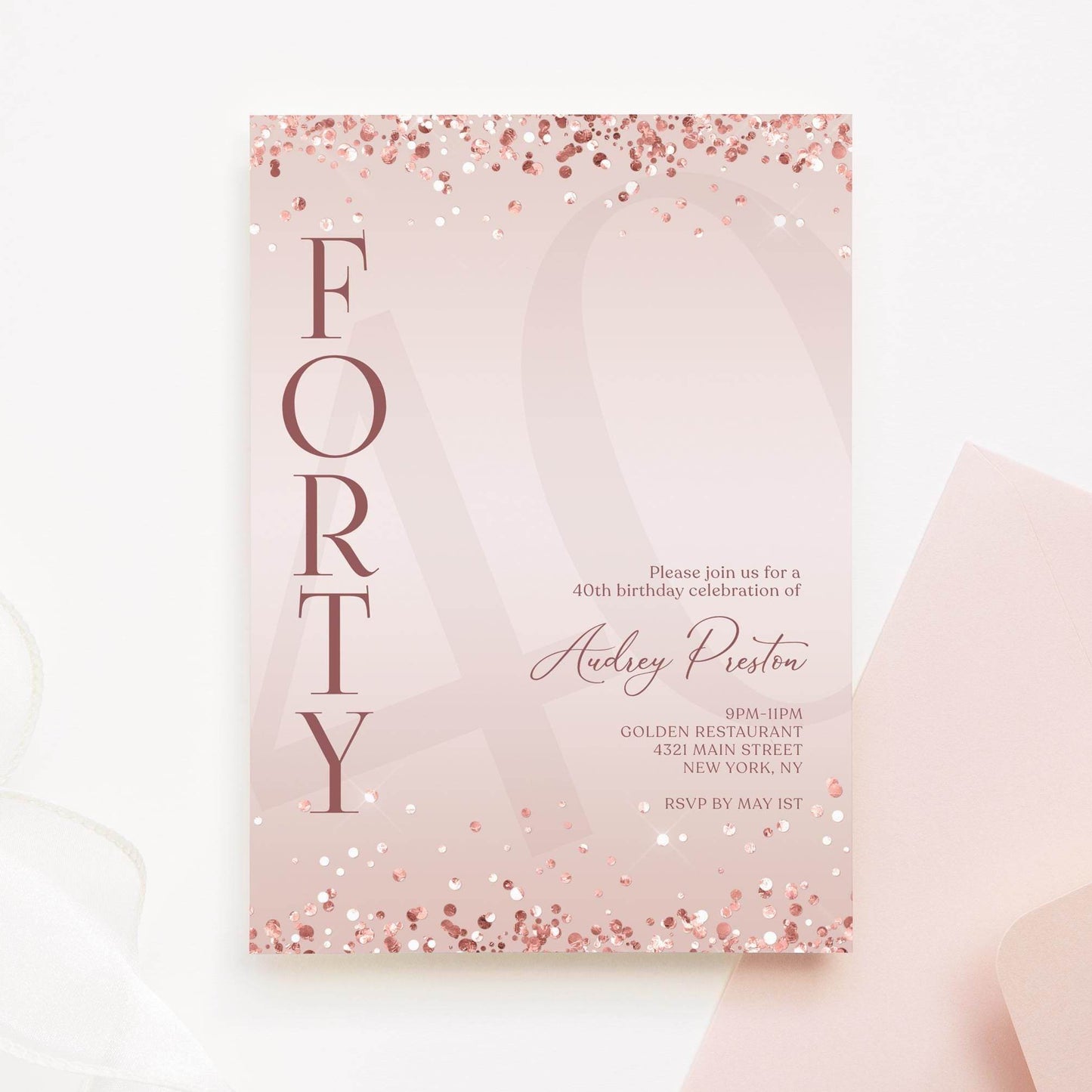 Pink Rose Gold 40th Birthday Invitation – Editable Surprise Party Template – Printable & Digital Invite – Text Message Evite – Instant Download