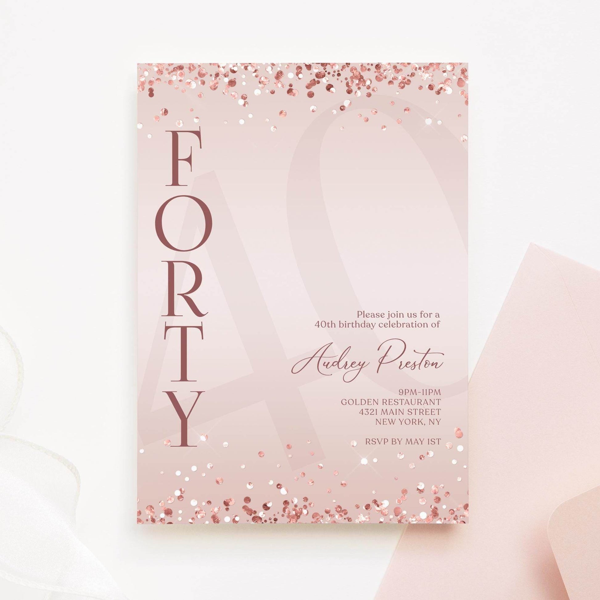 Pink Rose Gold 40th Birthday Invitation – Editable Surprise Party Template – Printable & Digital Invite – Text Message Evite – Instant Download