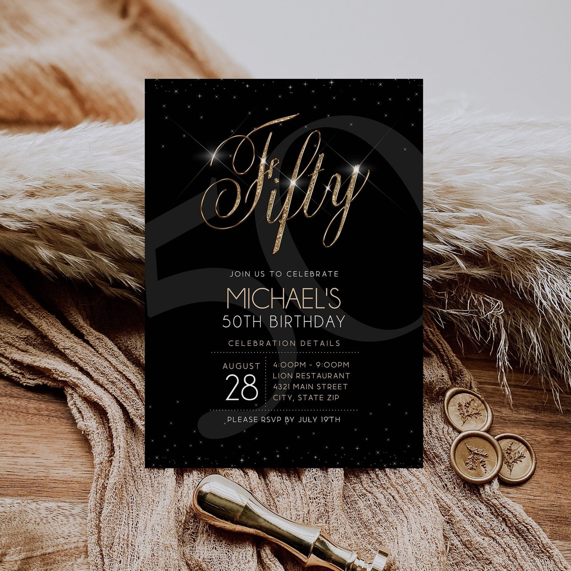 Printable 50th Fifty Birthday Invitation Template, Fifty Birthday Party, Black Gold Men Birthday Invitation, Editable Luxury Invite Download