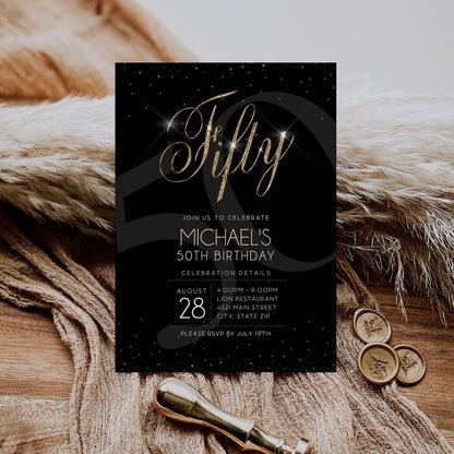 Printable 50th Fifty Birthday Invitation Template, Fifty Birthday Party, Black Gold Men Birthday Invitation, Editable Luxury Invite Download