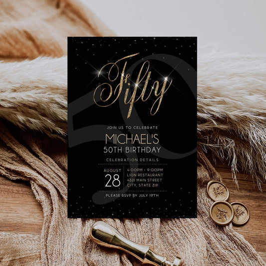 Printable 50th Fifty Birthday Invitation Template, Fifty Birthday Party, Black Gold Men Birthday Invitation, Editable Luxury Invite Download