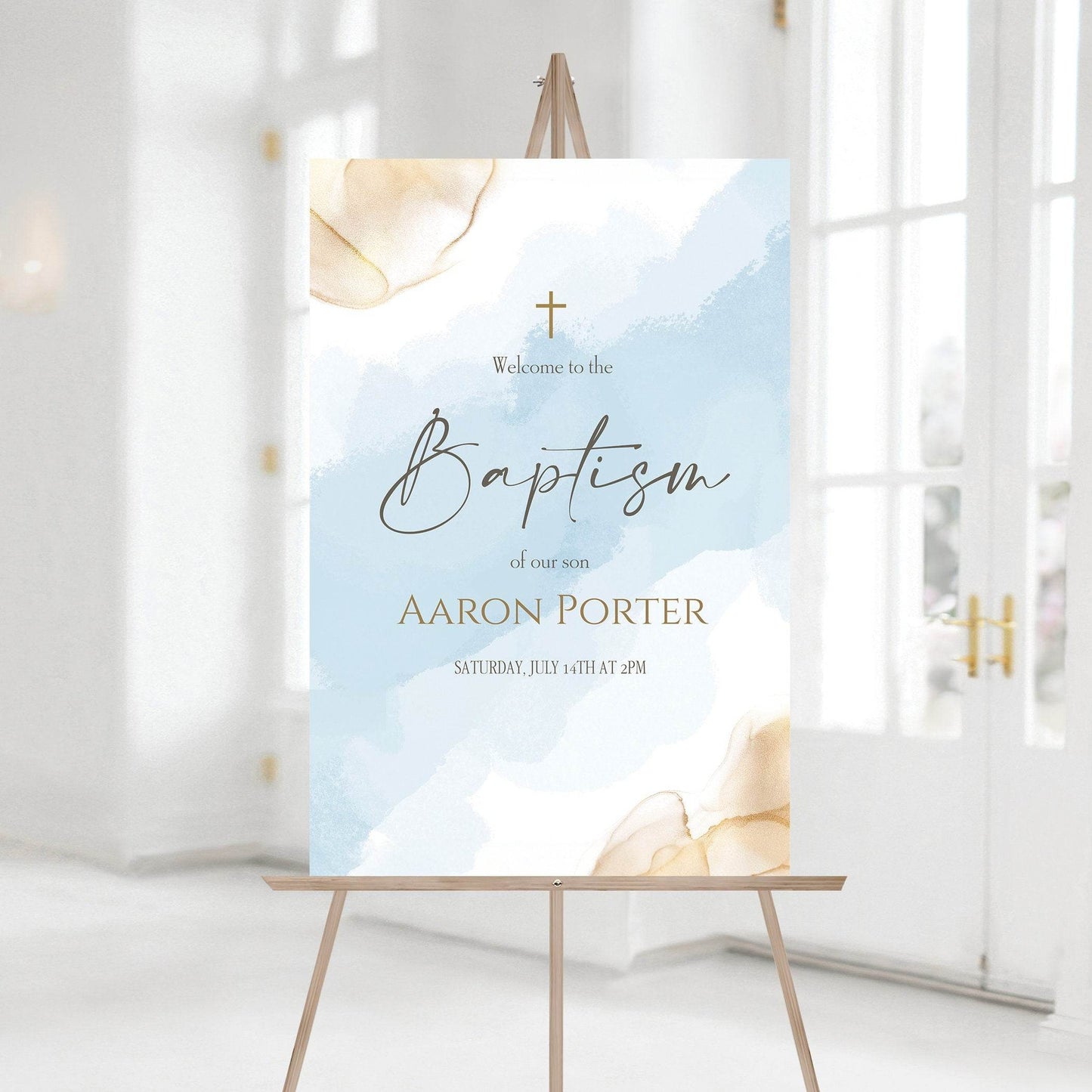 Boy Baptism Welcome Sign Printable, Blue Gold Christening Sign, Editable Watercolor Poster Template, Digital Download, Baby Welcome Board