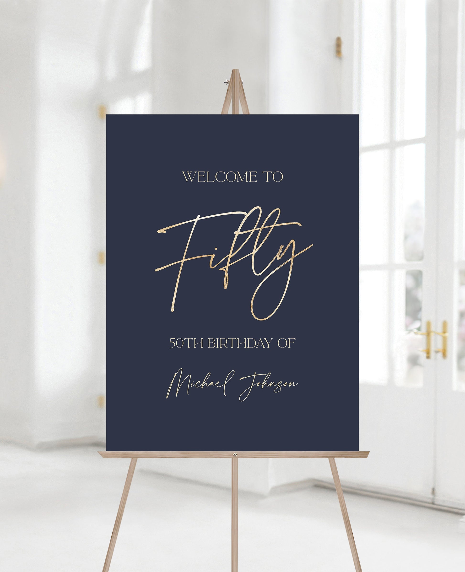 Printable Blue Navy 50th Fifty Birthday Welcome Sign Template, Gold Foil Welcome Sign Poster, Editable Modern Sign, Birthday Sign Decoration