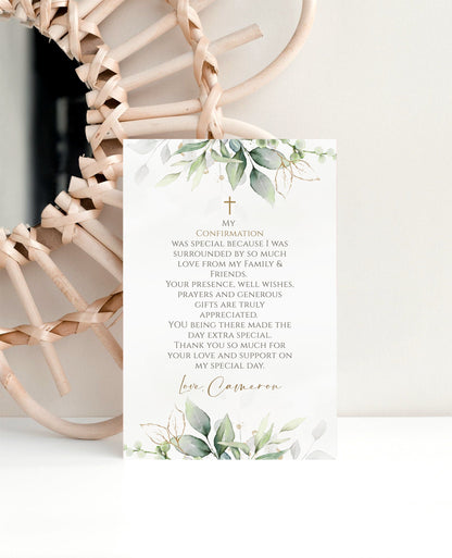 Confirmation Thank You Card Template | Editable 4x6 | Greenery Watercolor Design