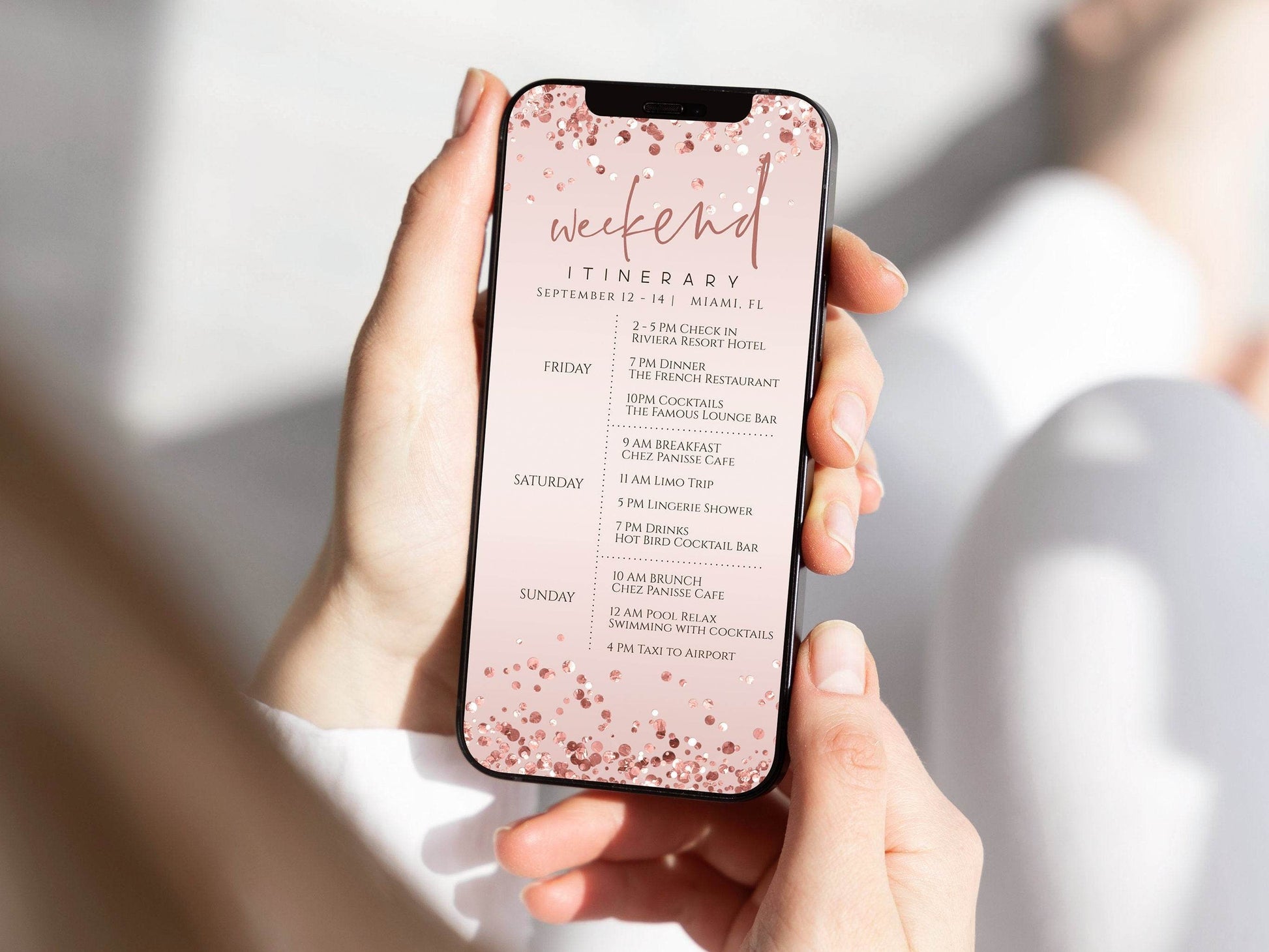 Pink Rose Gold Digital Weekend Itinerary Template, Editable Mobile Schedule for Birthday or Bachelorette, Electronic Text Message Itinerary, Instant Download