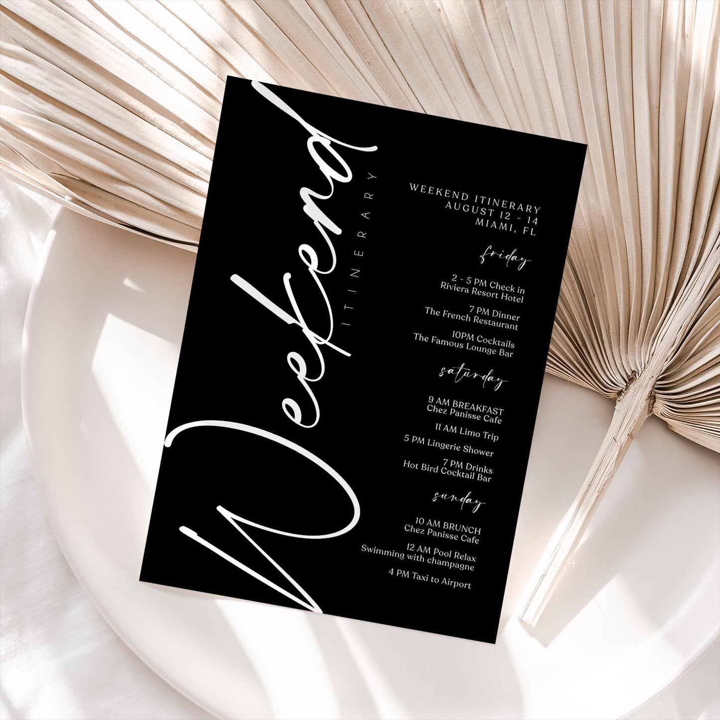 Editable Black Weekend Itinerary Template | MagicalEventCo