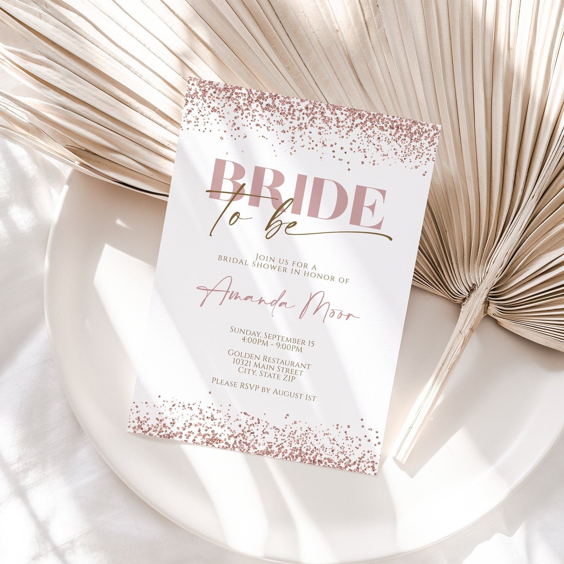 Printable Rose Gold Bride to be Invitation, Blush Bridal Shower Invitation, Bridal Shower Evite, Bride to Be Invite, 5x7 Digital Template