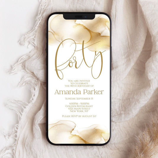 Electronic Forty 40th birthday invitation template, gold foil text message invite, Digital invitation, phone invitation, Electronic Evite